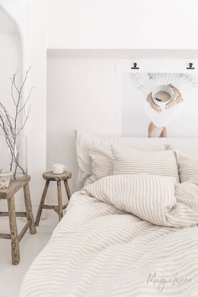 MagicLinen - Striped in natural duvet cover set (3 pcs): US Queen + Queen Pillowcases
