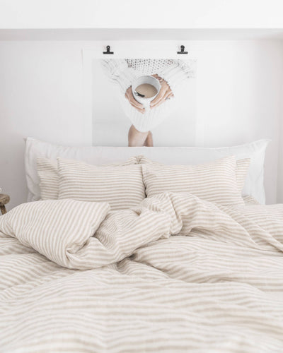 MagicLinen - Striped in natural duvet cover set (3 pcs): US Queen + Queen Pillowcases